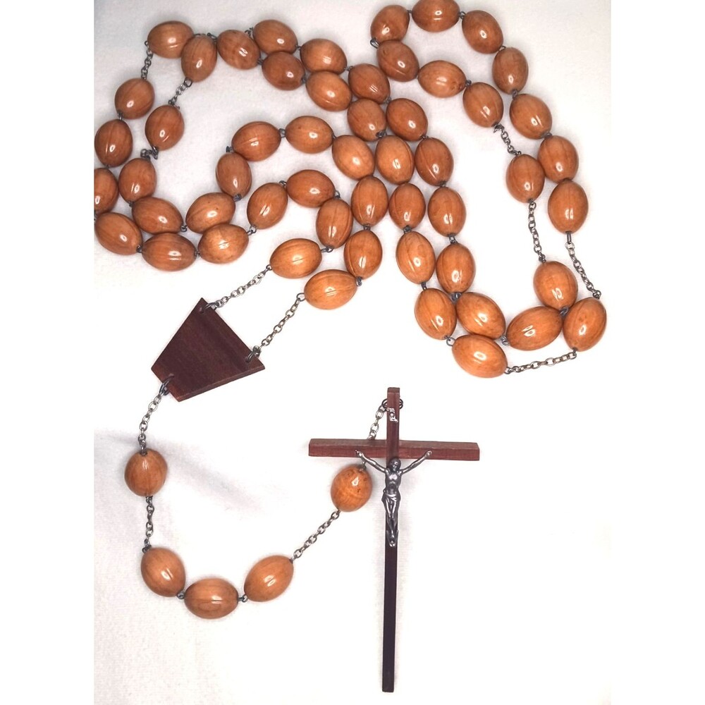 Vtg Olive Wood Religious Cross Crucifix Rosary Wall Hanging Priest Monk Beads - Picture 3 of 5